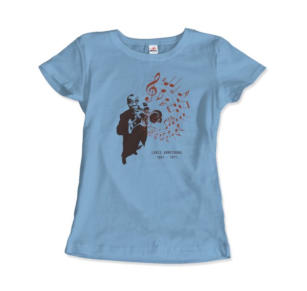 Louis Armstrong (Satchmo) Playing Trumpet T-Shirt - Women / Light Blue / Small by Art-O-Rama