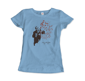 Louis Armstrong (Satchmo) Playing Trumpet T-Shirt - Women / Light Blue / Small by Art-O-Rama