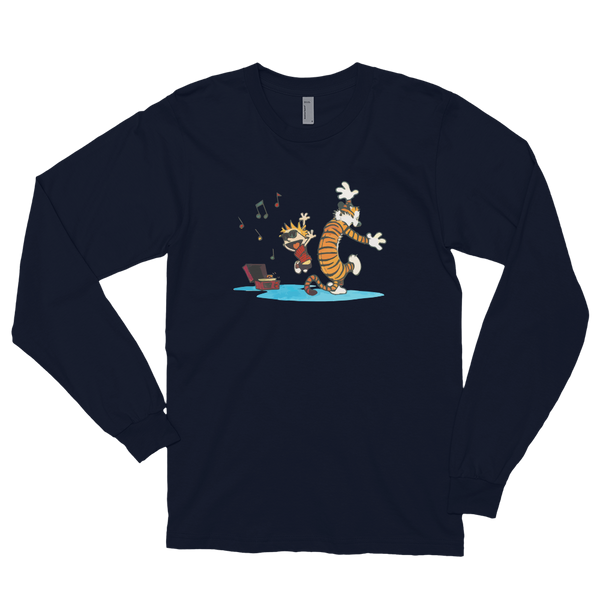 Calvin and Hobbes Dancing with Record Player Long Sleeve Shirt - Navy / Small by Art-O-Rama