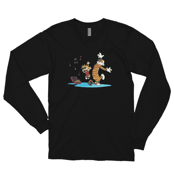 Calvin and Hobbes Dancing with Record Player Long Sleeve Shirt - Black / Small by Art-O-Rama