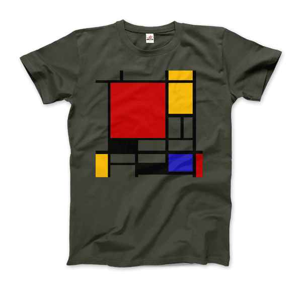 Piet Mondrian - Composition with Red Yellow and Blue - 1942 Artwork T-Shirt - Men / Military Green / Small - T-Shirt