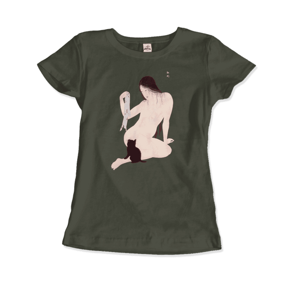 Takahashi Hiroaki - Nude Playing with a Cat 1927 Artwork T-Shirt - Women / Military Green / Small - T-Shirt