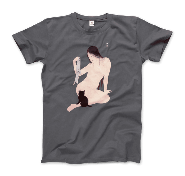 Takahashi Hiroaki - Nude Playing with a Cat 1927 Artwork T-Shirt - Men / Charcoal / Small - T-Shirt