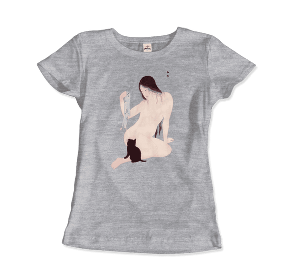 Takahashi Hiroaki - Nude Playing with a Cat 1927 Artwork T-Shirt - Women / Heather Grey / Small - T-Shirt