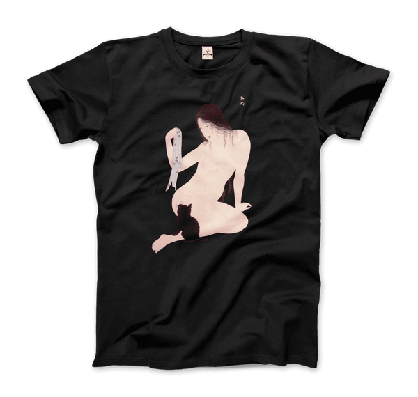 Takahashi Hiroaki - Nude Playing with a Cat 1927 Artwork T-Shirt - Men / Black / Small - T-Shirt