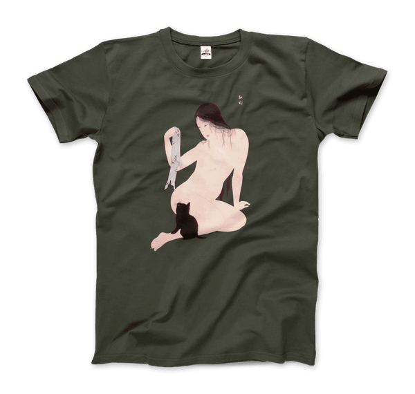 Takahashi Hiroaki - Nude Playing with a Cat 1927 Artwork T-Shirt - Men / Military Green / Small - T-Shirt