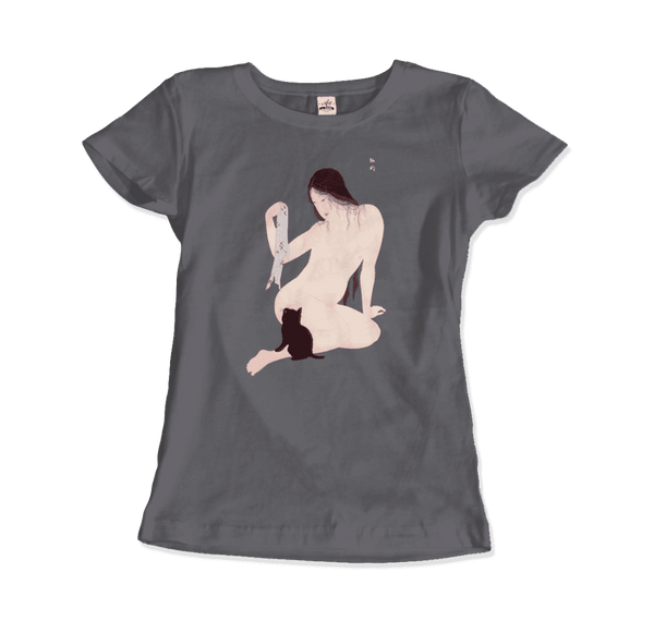 Takahashi Hiroaki - Nude Playing with a Cat 1927 Artwork T-Shirt - Women / Charcoal / Small - T-Shirt