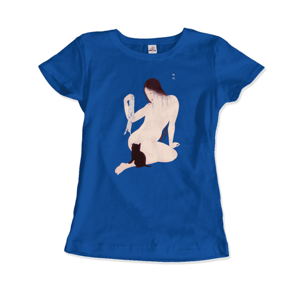 Takahashi Hiroaki - Nude Playing with a Cat 1927 Artwork T-Shirt - Women / Royal Blue / Small - T-Shirt