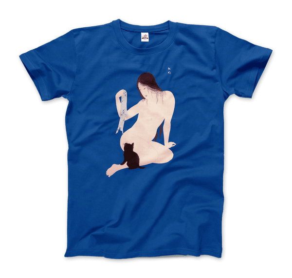 Takahashi Hiroaki - Nude Playing with a Cat 1927 Artwork T-Shirt - Men / Royal Blue / Small - T-Shirt