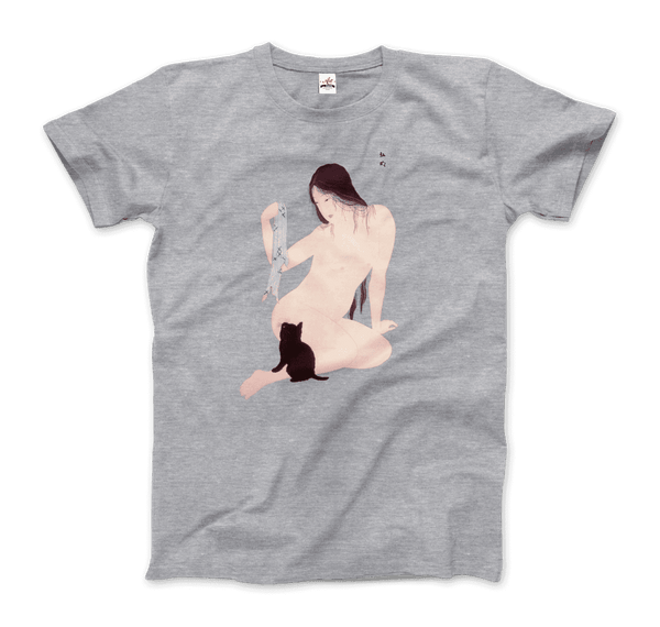 Takahashi Hiroaki - Nude Playing with a Cat 1927 Artwork T-Shirt - Men / Heather Grey / Small - T-Shirt