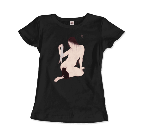 Takahashi Hiroaki - Nude Playing with a Cat 1927 Artwork T-Shirt - Women / Black / Small - T-Shirt