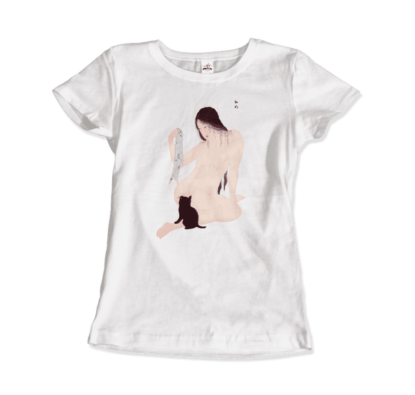Takahashi Hiroaki - Nude Playing with a Cat 1927 Artwork T-Shirt - Women / White / Small - T-Shirt