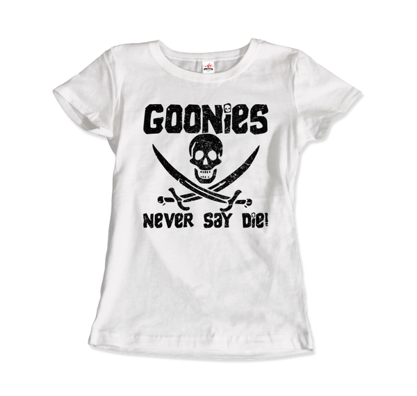 The Goonies Never Say Die Distressed Design T-Shirt - Women / White / Small by Art-O-Rama