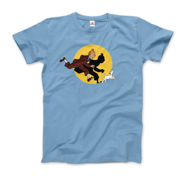 Tintin and Snowy (Milou) Getting Hit By A Spotlight T-Shirt - Men / Light Blue / Small by Art-O-Rama