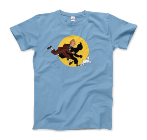 Tintin and Snowy (Milou) Getting Hit By A Spotlight T-Shirt - Men / Light Blue / Small by Art-O-Rama