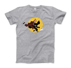 Tintin and Snowy (Milou) Getting Hit By A Spotlight T-Shirt - Men / Heather Grey / Small by Art-O-Rama