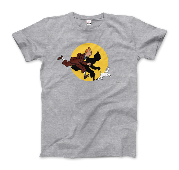 Tintin and Snowy (Milou) Getting Hit By A Spotlight T-Shirt - Men / Heather Grey / Small by Art-O-Rama