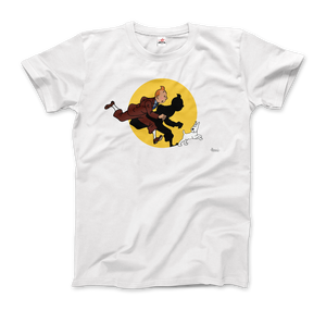 Tintin and Snowy (Milou) Getting Hit By A Spotlight T-Shirt - Men / White / Small by Art-O-Rama
