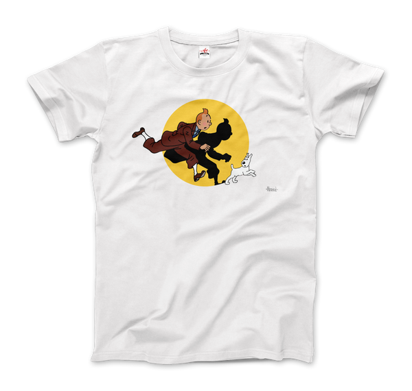 Tintin and Snowy (Milou) Getting Hit By A Spotlight T-Shirt - Men / White / Small by Art-O-Rama