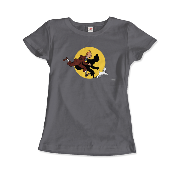 Tintin and Snowy (Milou) Getting Hit By A Spotlight T-Shirt - Women / Charcoal / Small by Art-O-Rama