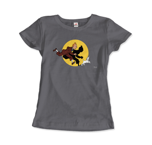 Tintin and Snowy (Milou) Getting Hit By A Spotlight T-Shirt - Women / Charcoal / Small by Art-O-Rama