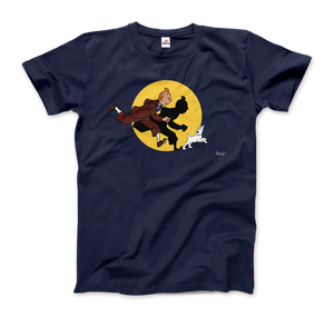 Tintin and Snowy (Milou) Getting Hit By A Spotlight T-Shirt - Men / Navy / Small by Art-O-Rama