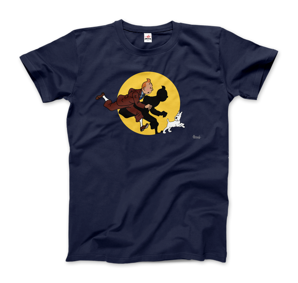 Tintin and Snowy (Milou) Getting Hit By A Spotlight T-Shirt - Men / Navy / Small by Art-O-Rama