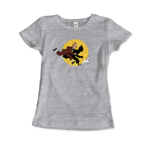 Tintin and Snowy (Milou) Getting Hit By A Spotlight T-Shirt - Women / Heather Grey / Small by Art-O-Rama