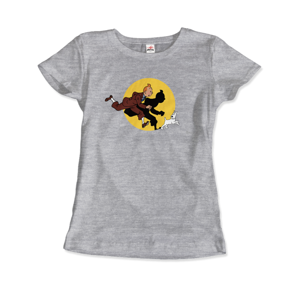Tintin and Snowy (Milou) Getting Hit By A Spotlight T-Shirt - Women / Heather Grey / Small by Art-O-Rama