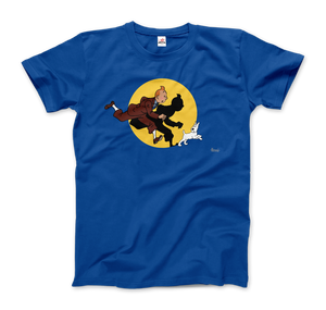Tintin and Snowy (Milou) Getting Hit By A Spotlight T-Shirt - Men / Royal Blue / Small by Art-O-Rama