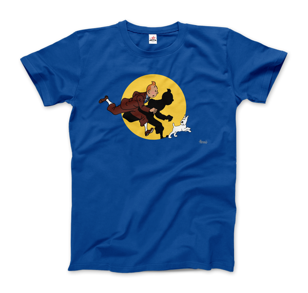 Tintin and Snowy (Milou) Getting Hit By A Spotlight T-Shirt - Men / Royal Blue / Small by Art-O-Rama