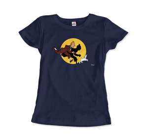 Tintin and Snowy (Milou) Getting Hit By A Spotlight T-Shirt - Women / Navy / Small by Art-O-Rama
