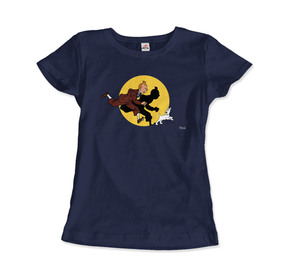 Tintin and Snowy (Milou) Getting Hit By A Spotlight T-Shirt - Women / Navy / Small by Art-O-Rama