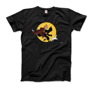 Tintin and Snowy (Milou) Getting Hit By A Spotlight T-Shirt - Men / Black / Small by Art-O-Rama