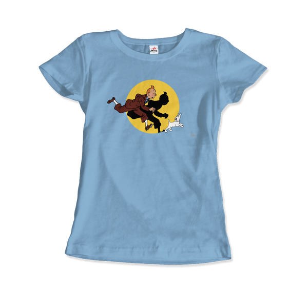 Tintin and Snowy (Milou) Getting Hit By A Spotlight T-Shirt - Women / Light Blue / Small by Art-O-Rama