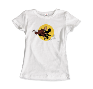 Tintin and Snowy (Milou) Getting Hit By A Spotlight T-Shirt - Women / White / Small by Art-O-Rama
