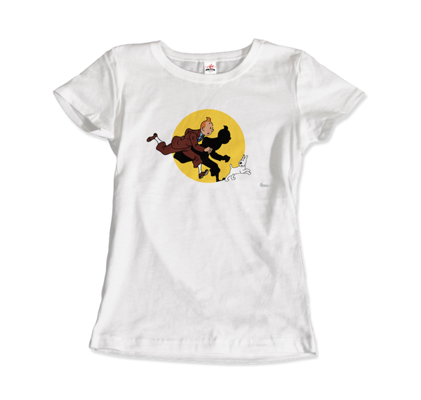 Tintin and Snowy (Milou) Getting Hit By A Spotlight T-Shirt - Women / White / Small by Art-O-Rama