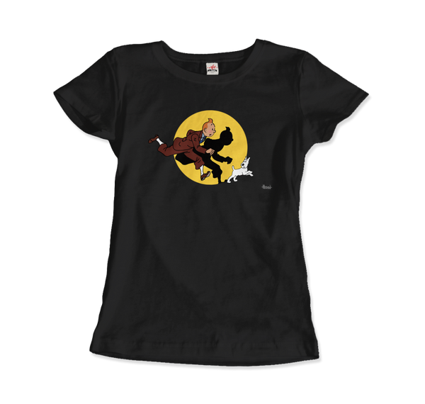Tintin and Snowy (Milou) Getting Hit By A Spotlight T-Shirt - Women / Black / Small by Art-O-Rama