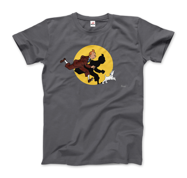 Tintin and Snowy (Milou) Getting Hit By A Spotlight T-Shirt - Men / Charcoal / Small by Art-O-Rama