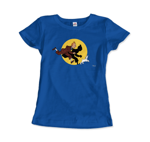 Tintin and Snowy (Milou) Getting Hit By A Spotlight T-Shirt - Women / Royal Blue / Small by Art-O-Rama