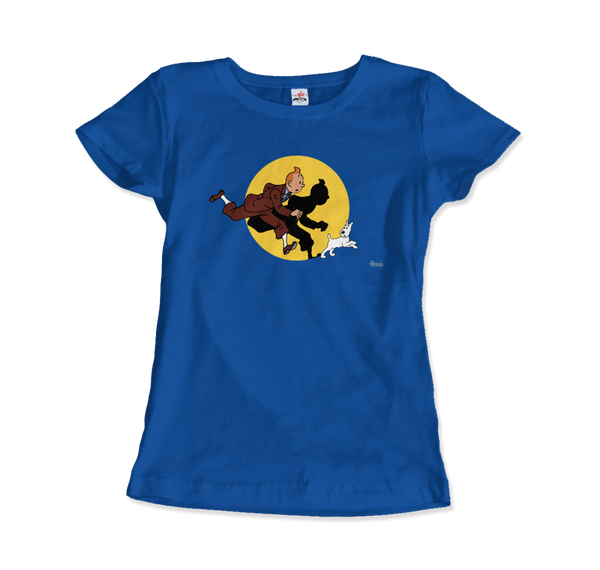 Tintin and Snowy (Milou) Getting Hit By A Spotlight T-Shirt - Women / Royal Blue / Small by Art-O-Rama