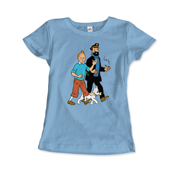 Tintin, Snowy and Captain Haddock Artwork T-Shirt - Women / Light Blue / Small by Art-O-Rama