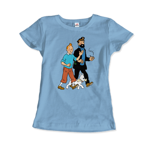 Tintin Snowy and Captain Haddock Artwork T-Shirt - Women (Fitted) / Light Blue / S - T-Shirt