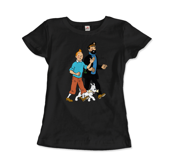 Tintin, Snowy and Captain Haddock Artwork T-Shirt - Women / Black / Small by Art-O-Rama