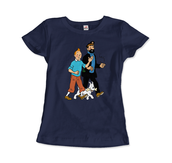 Tintin, Snowy and Captain Haddock Artwork T-Shirt - Women / Navy / Small by Art-O-Rama