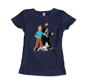 Tintin Snowy and Captain Haddock Artwork T-Shirt - Women (Fitted) / Navy / S - T-Shirt