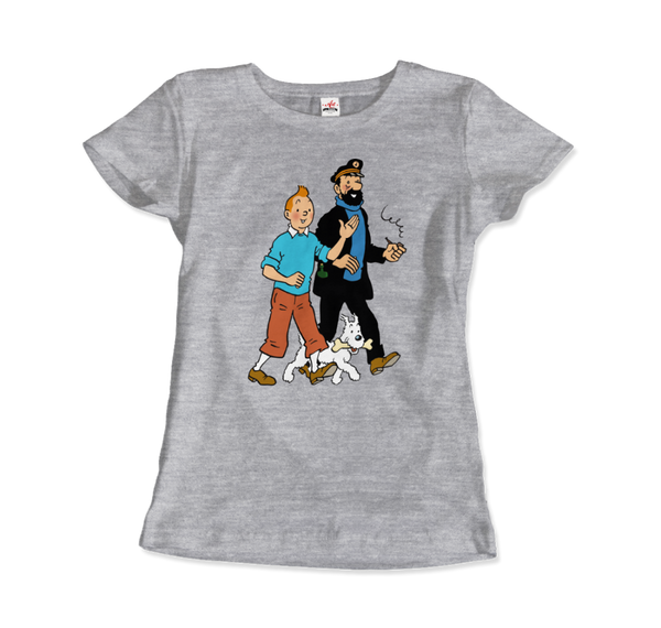Tintin, Snowy and Captain Haddock Artwork T-Shirt - Women / Heather Grey / Small by Art-O-Rama