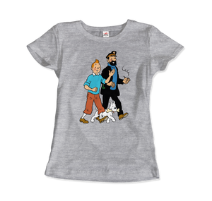 Tintin Snowy and Captain Haddock Artwork T-Shirt - Women (Fitted) / Heather Grey / S - T-Shirt