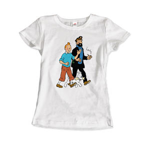 Tintin Snowy and Captain Haddock Artwork T-Shirt - Women (Fitted) / White / S - T-Shirt