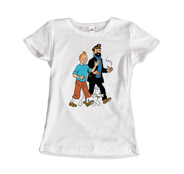Tintin, Snowy and Captain Haddock Artwork T-Shirt - Women / White / Small by Art-O-Rama